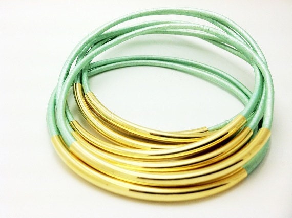 Bangle Bracelets- Oasis Turquoise Leather Bangle Bracelets with Gold or Silver Tube Beads