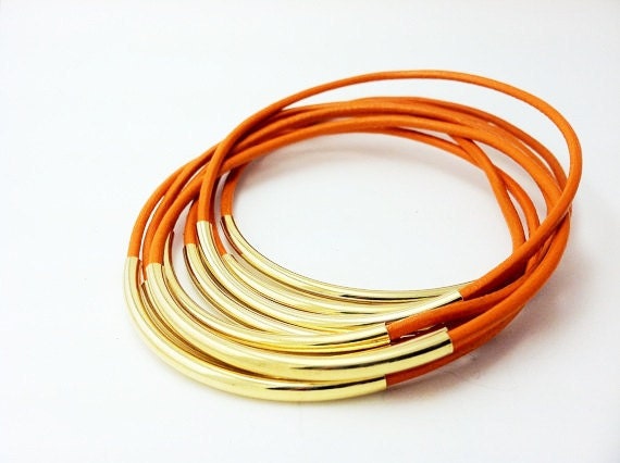 Tangerine Orange Bracelets- Leather Bangle Bracelets, Orange Bangles, Bohemian Bracelets, Fashion 2012 Trends, Fall Trends