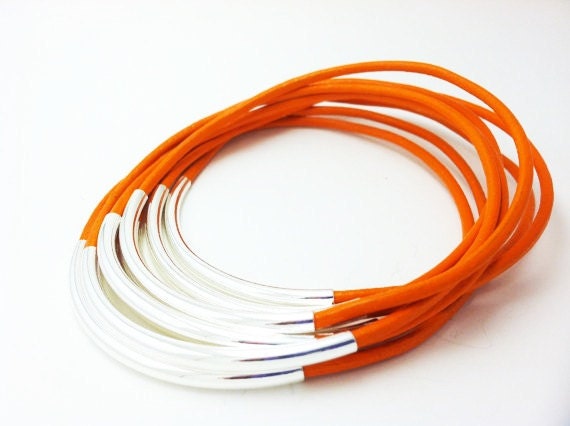 Tangerine Orange Bracelets- Leather Bangle Bracelets, Orange Bangles, Bohemian Bracelets, Fashion 2012 Trends, Fall Trends