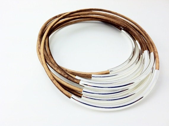 Light Brown Leather Bangles with Gold or Silver Tube Accents