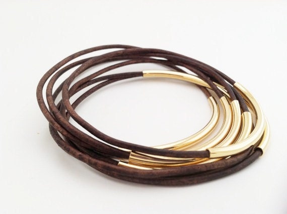Tube Bracelet- Antique Brown Bangle, Leather Bangle Bracelet with Gold or Silver Beads, Boho Chic Bracelet