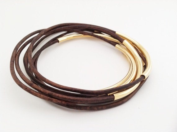 Tube Bracelet- Antique Brown Bangle, Leather Bangle Bracelet with Gold or Silver Beads, Boho Chic Bracelet