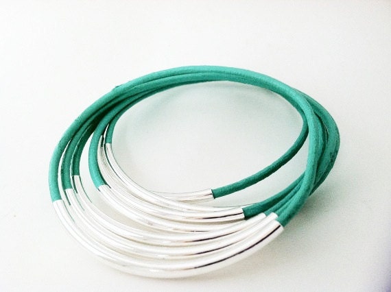 Mint Leather Bangle Bracelets with Silver or Gold tubes