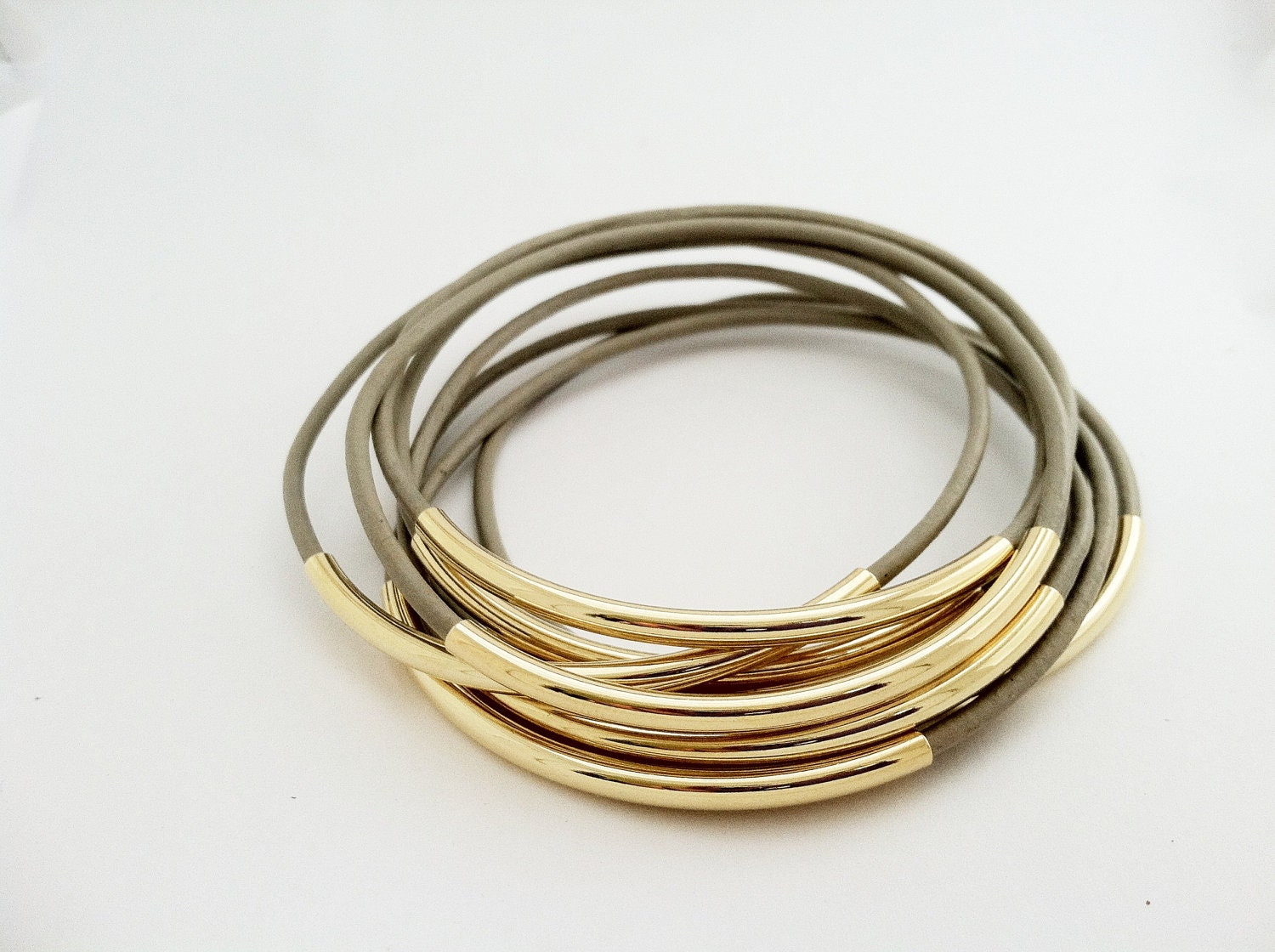 Taupe Leather Bangles with Gold or Silver Tubes