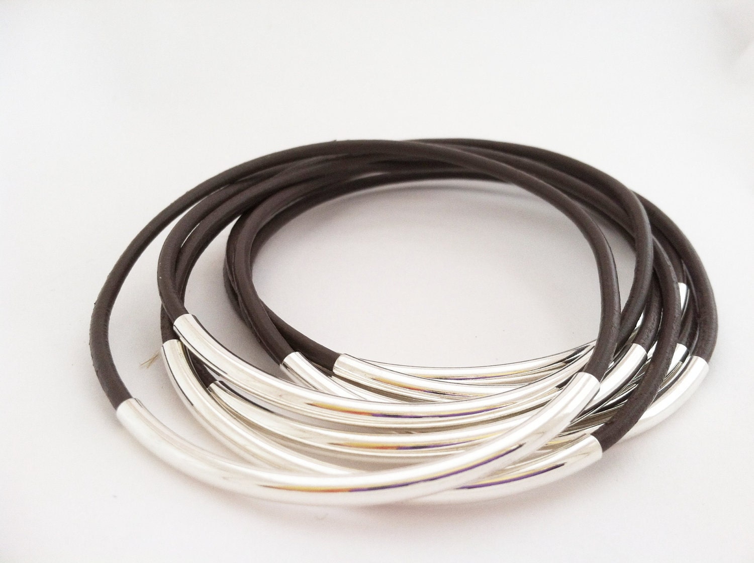 Chocolate Milk Leather Bangles with Gold or Silver tube Accents
