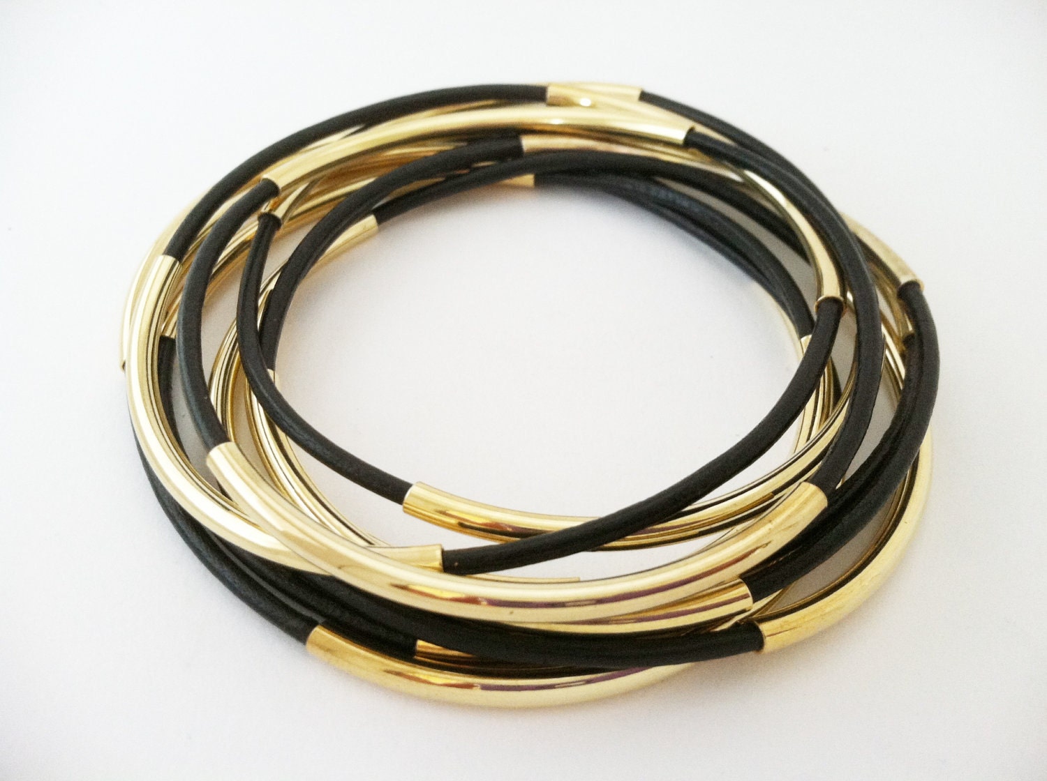 Midnight Black Leather Bangle Bracelets with Double Gold or Silver Tube Accents