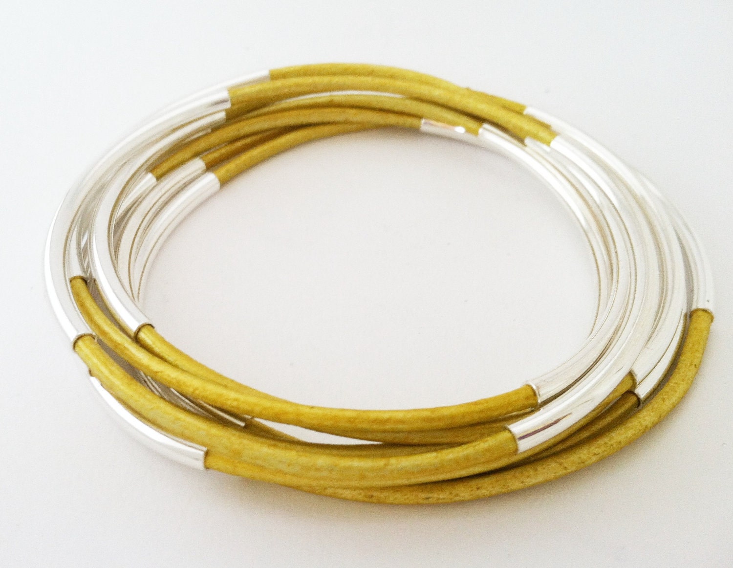 Metallic Mustard Yellow Leather Bangle Bracelet with Double Gold or Silver Tube Accents