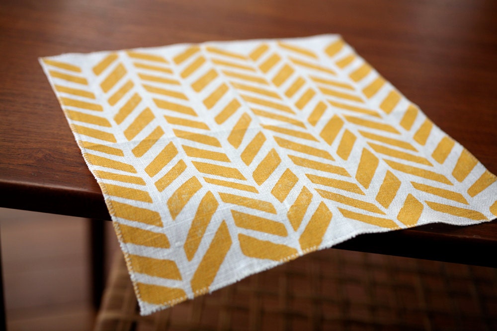Linen Cocktail Napkins - Four Feathers in Maize on Ivory Linen (set of 4)