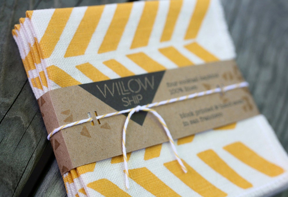 Linen Cocktail Napkins - Four Feathers in Maize on Ivory Linen (set of 4)