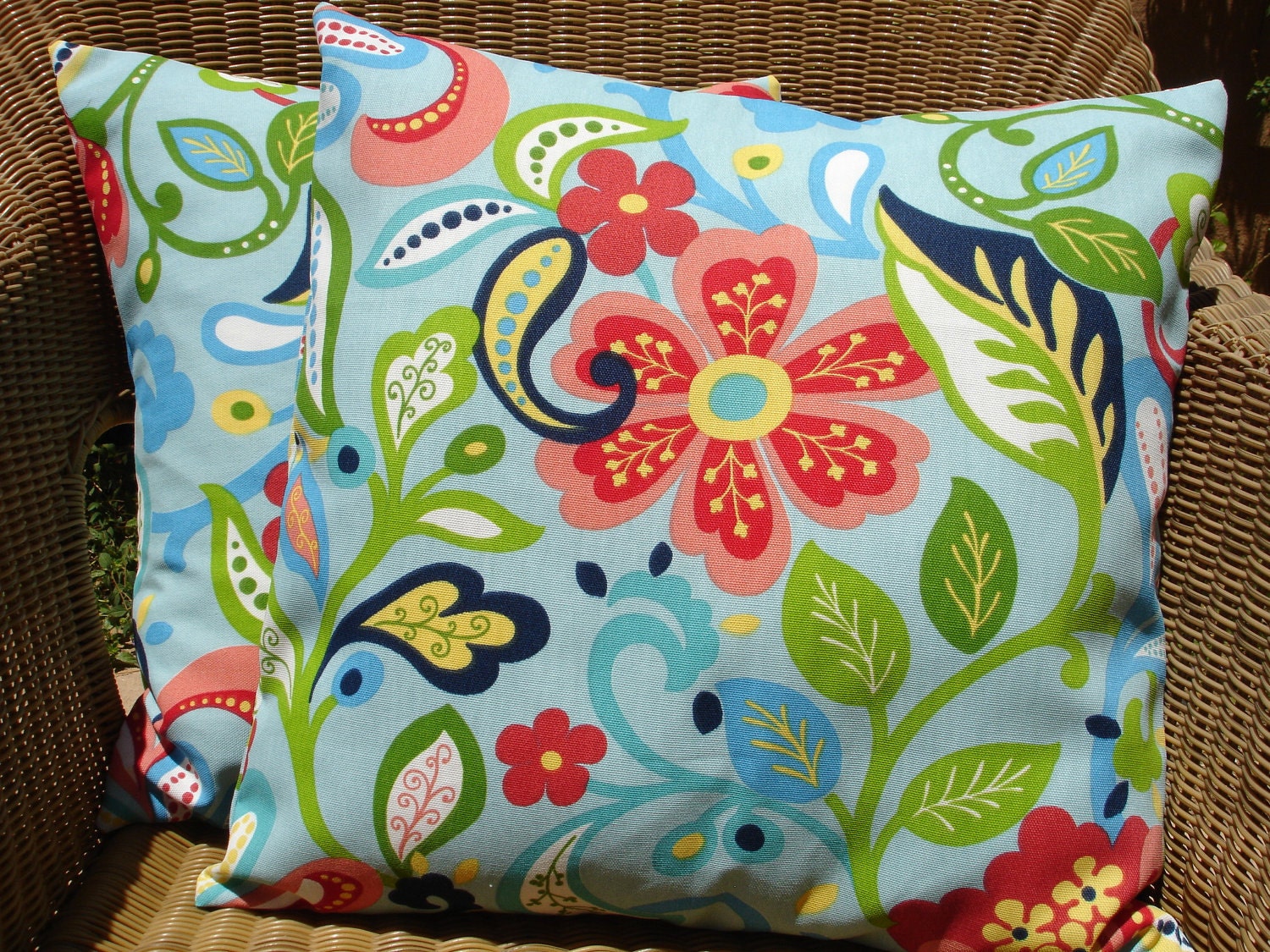 Outdoor Pillow Covers, Blue Floral Pillow Covers, Outdoor Cushions, Set of 2 - 18" x 18"