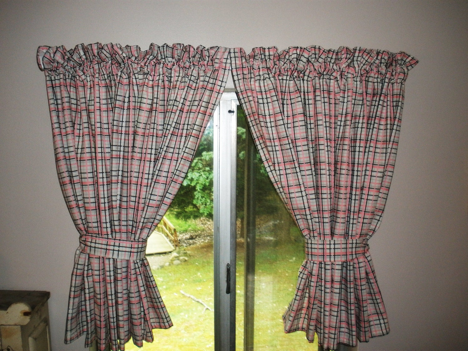 1950's Retro Curtains Black and Candy Cotton Pink Plaid . Super Cute . Very Wide . 1 Pair