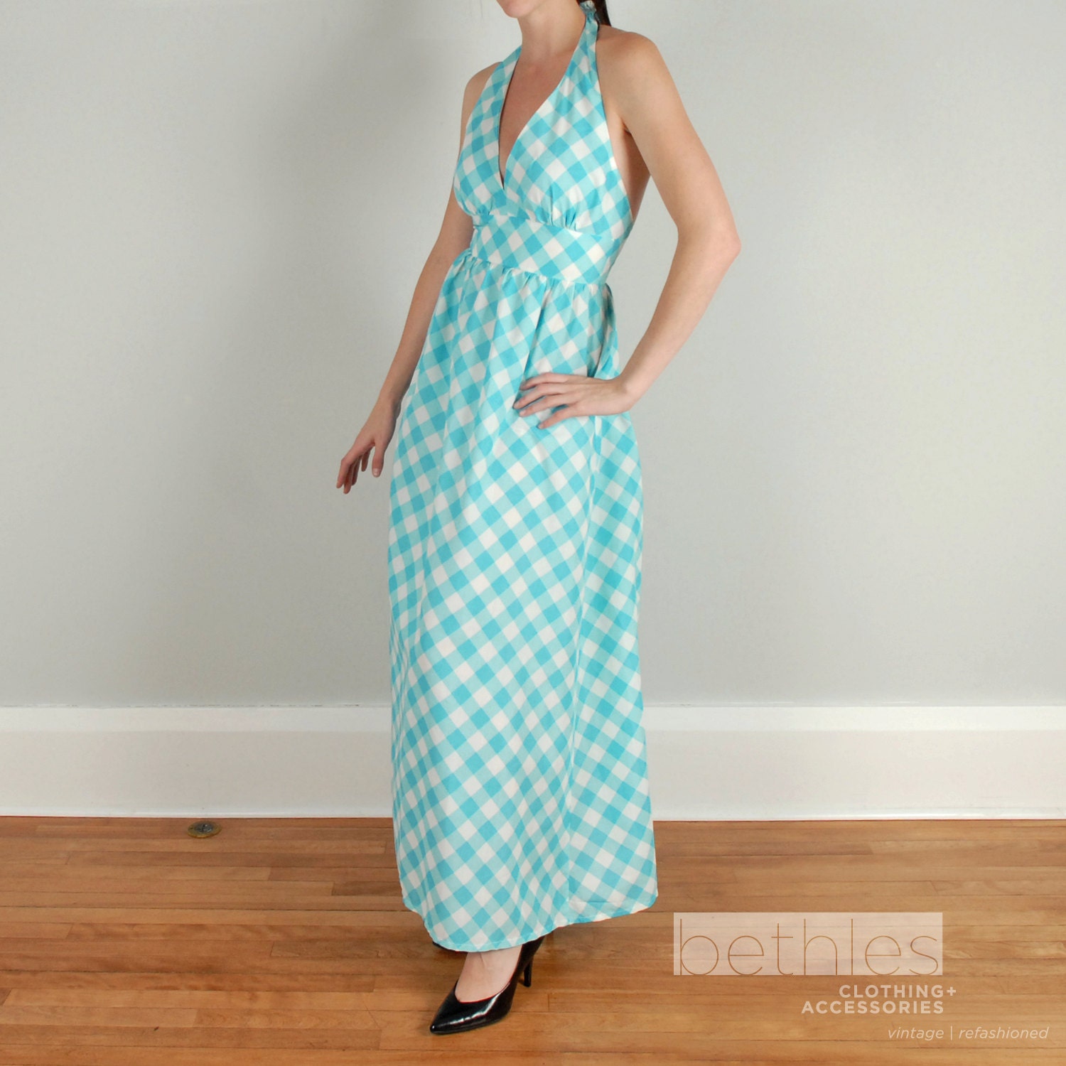 Blue Gingham Halter Dress Maxi Vintage 70s Summer Picnic Light Blue and White Plaid Sundress