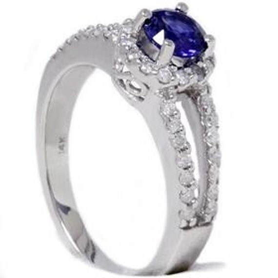 1.00CT Blue Sapphire Diamond Pave Halo Engagement Ring 14KW Size 7