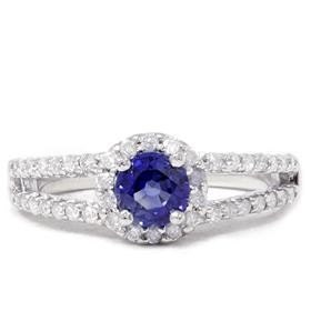 1.00CT Blue Sapphire Diamond Pave Halo Engagement Ring 14KW Size 7