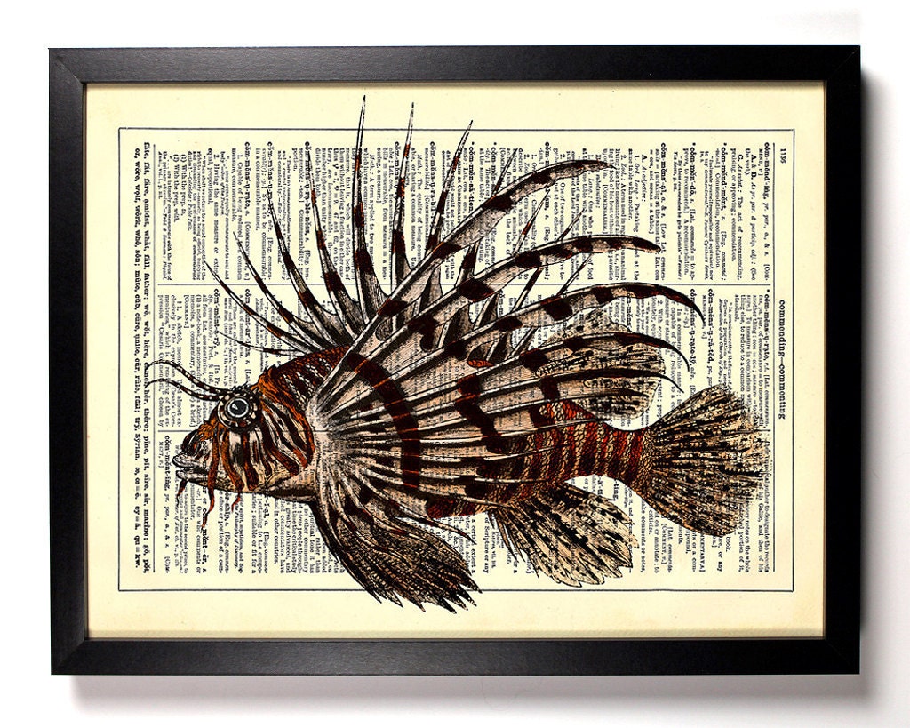 Lionfish Venomous Coral Reef Repurposed Book Print Upcycled Book Art Upcycled Vintage Book Page Antique Dictionary Buy 2 Get 1 FREE
