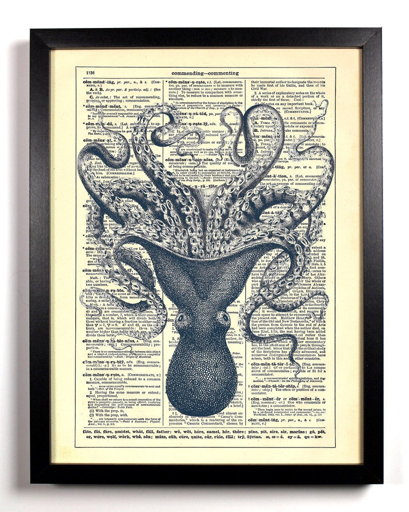 Vintage Octopus Engraving, Nautical, Ocean, Antique, Upcycled Vintage Dictionary Book Page, 8 x 10 Print