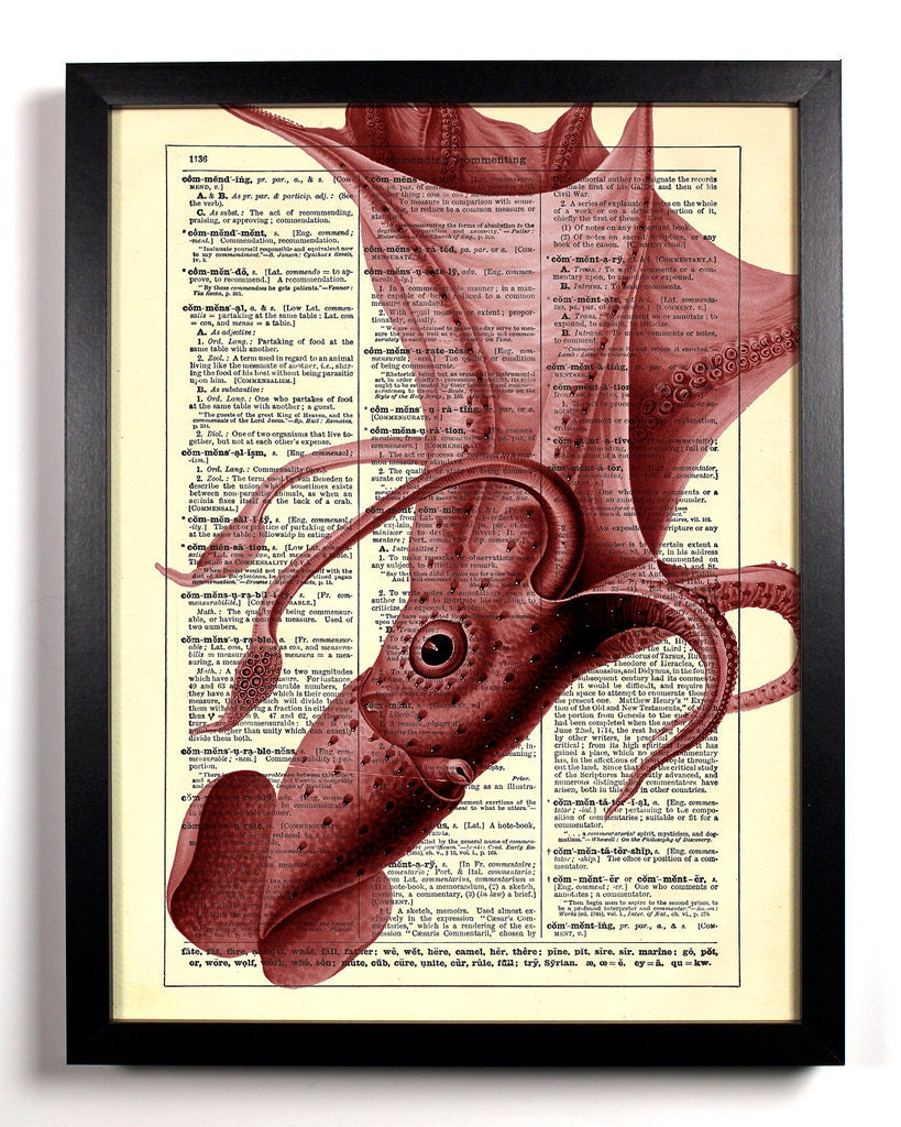 Red Squid Repurposed Book Print Upcycled Book Art Upcycled Vintage Book Page Antique Dictionary Buy 2 Get 1 FREE