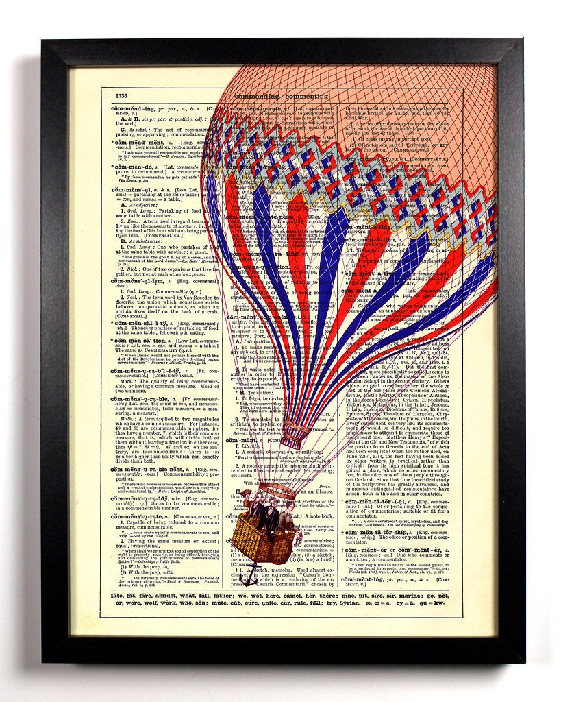The Drifter Hot Air Balloon Repurposed Book Upcycled Dictionary Art Vintage Book Print Recycled Vintage Dictionary Page Buy 2 Get 1 FREE