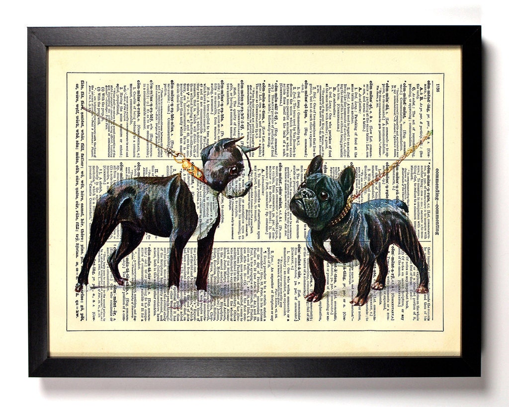 A Boston Terrier and French Bulldog, Dogs, Puppies, Cute, Antique Recycled Book, Upcycled Vintage Dictionary Book Page, 8 x 10 Print