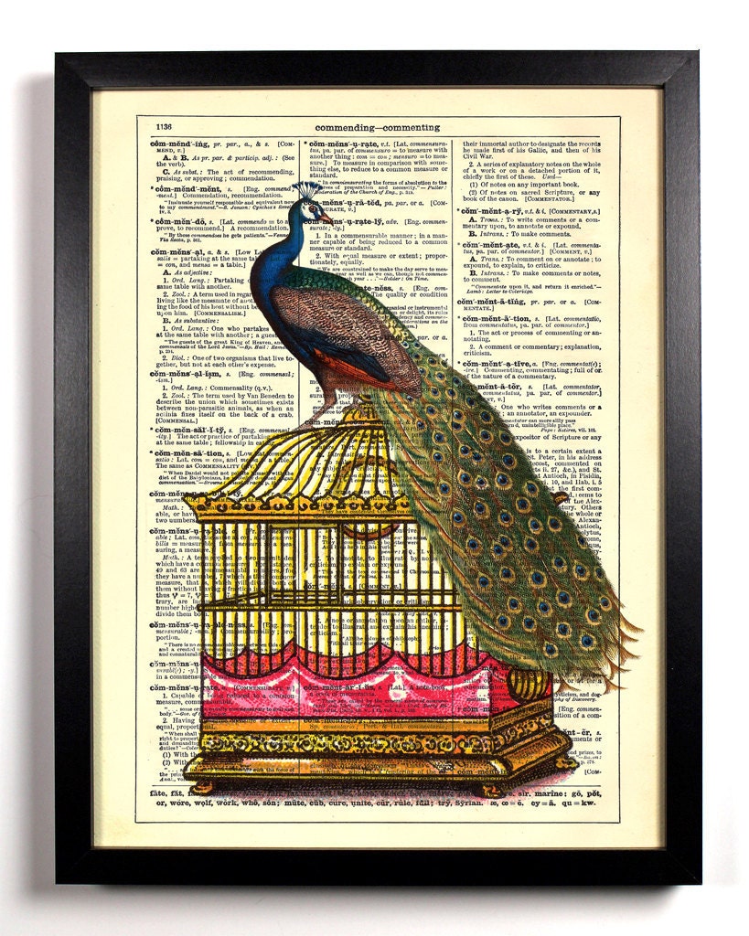 Peacock on Birdcage Repurposed Book Upcycled Dictionary Art Vintage Book Print Recycled Vintage Dictionary Page Buy 2 Get 1 FREE