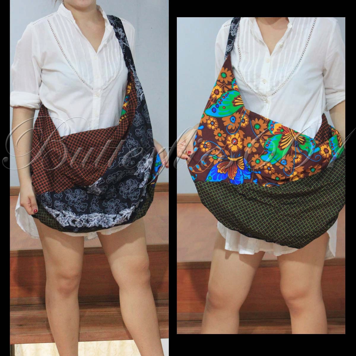 Green Black and Brown 2 tone Patchwork Hippie Gypsy Boho Thai Batik Cotton Bag