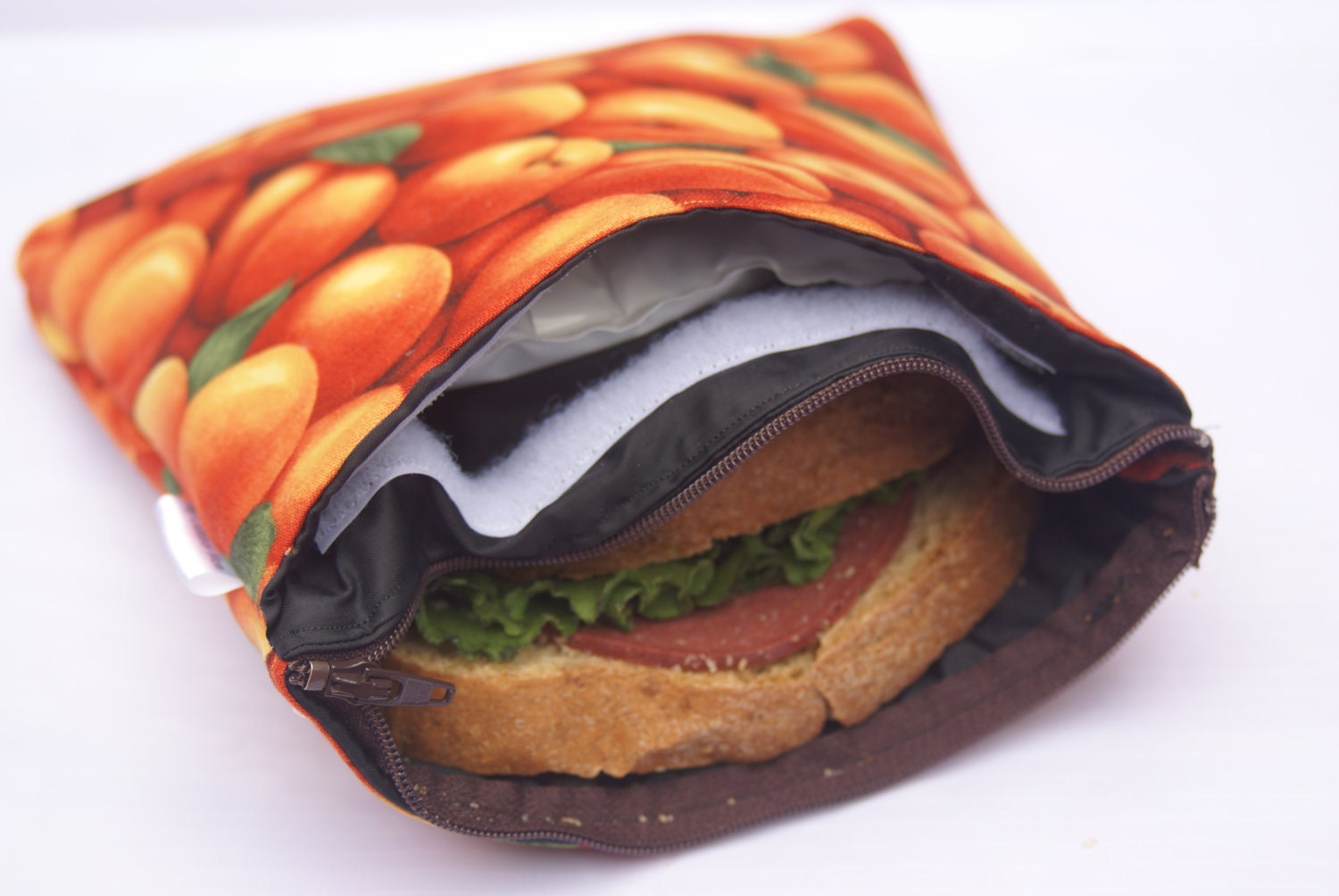 8" x 8" Insulated & Zippered Reusable Sandwich Bag w/ Separate Pocket for Included Cool Pack in Apricot
