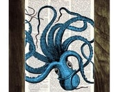 Turquoise Octopus Print on Vintage Dictionary Book