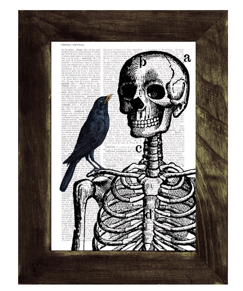 Skeleton and crow Print on Vintage Book