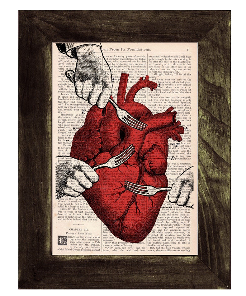 Heart Print on Vintage Book - Sweet Heart -  Book  page Collage illustration book print heart with forks