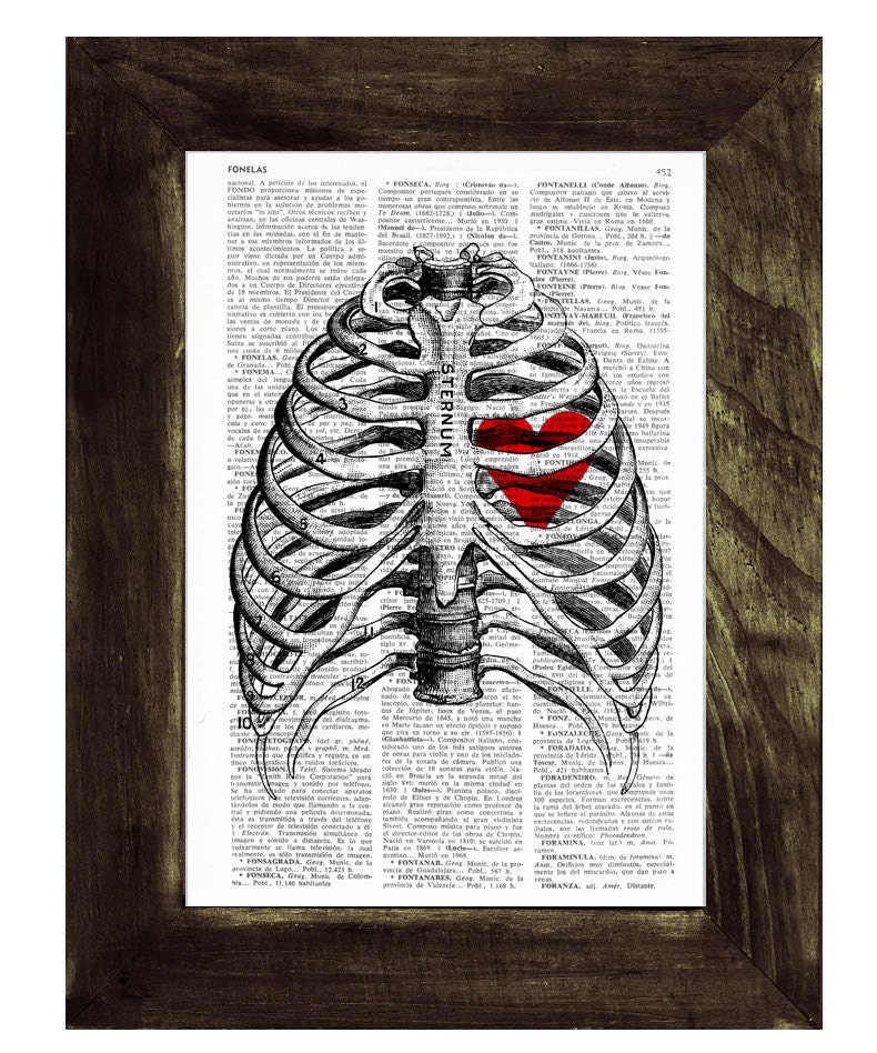 Upcycled Dictionary Page Print - Heart trapped in a Rib Cage- Anatomy art
