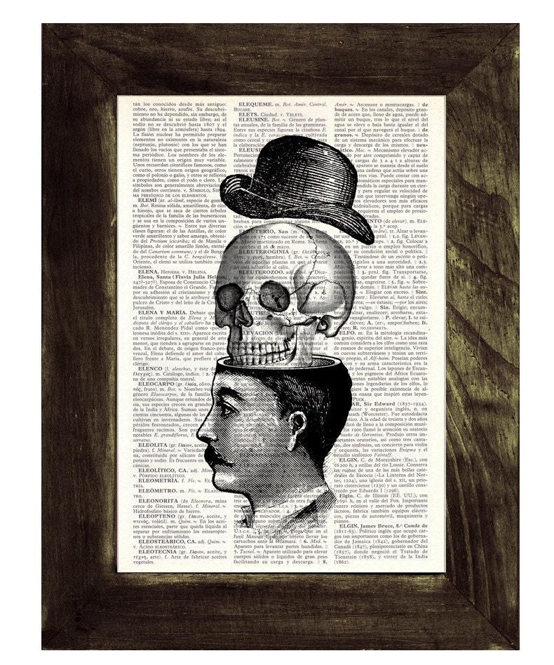 Collage Book Print - Victorian man and skull with hat collage print - You blow my head off - Upcycled art collage book print