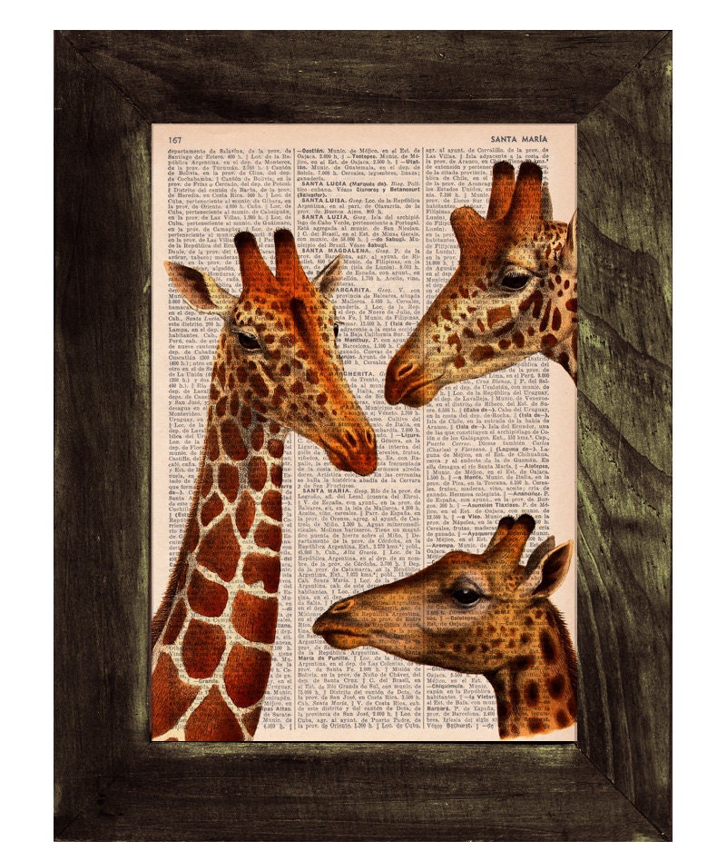 Giraffes meeting Dictionary Book Print Altered art on by PRRINT