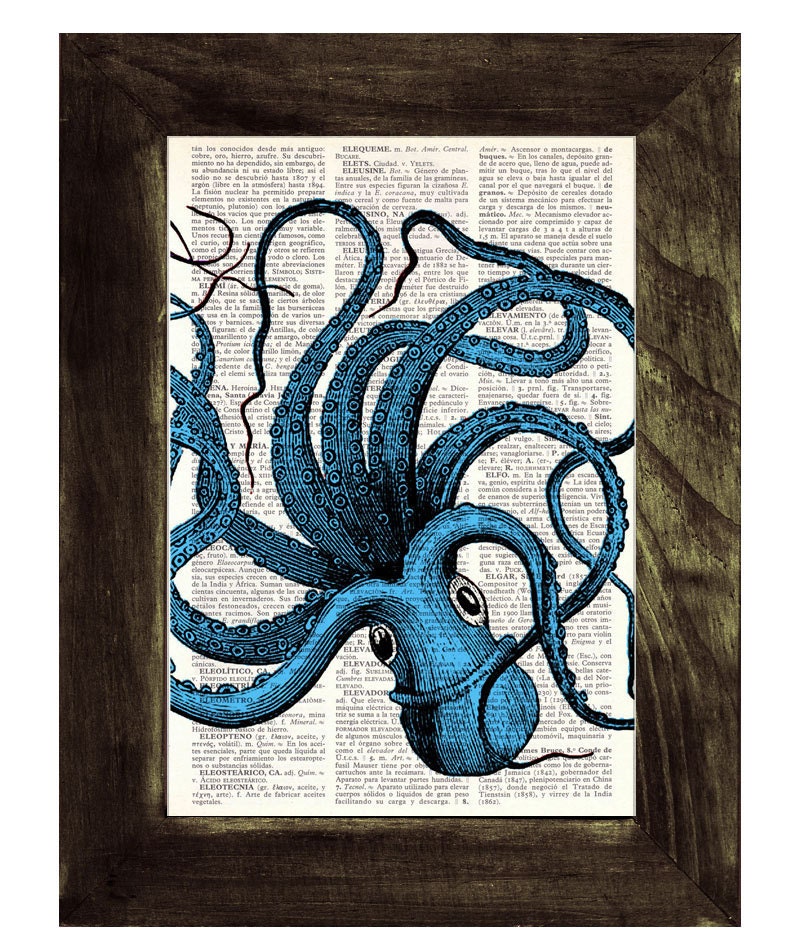 Turquoise Octopus Print on Vintage Dictionary Book