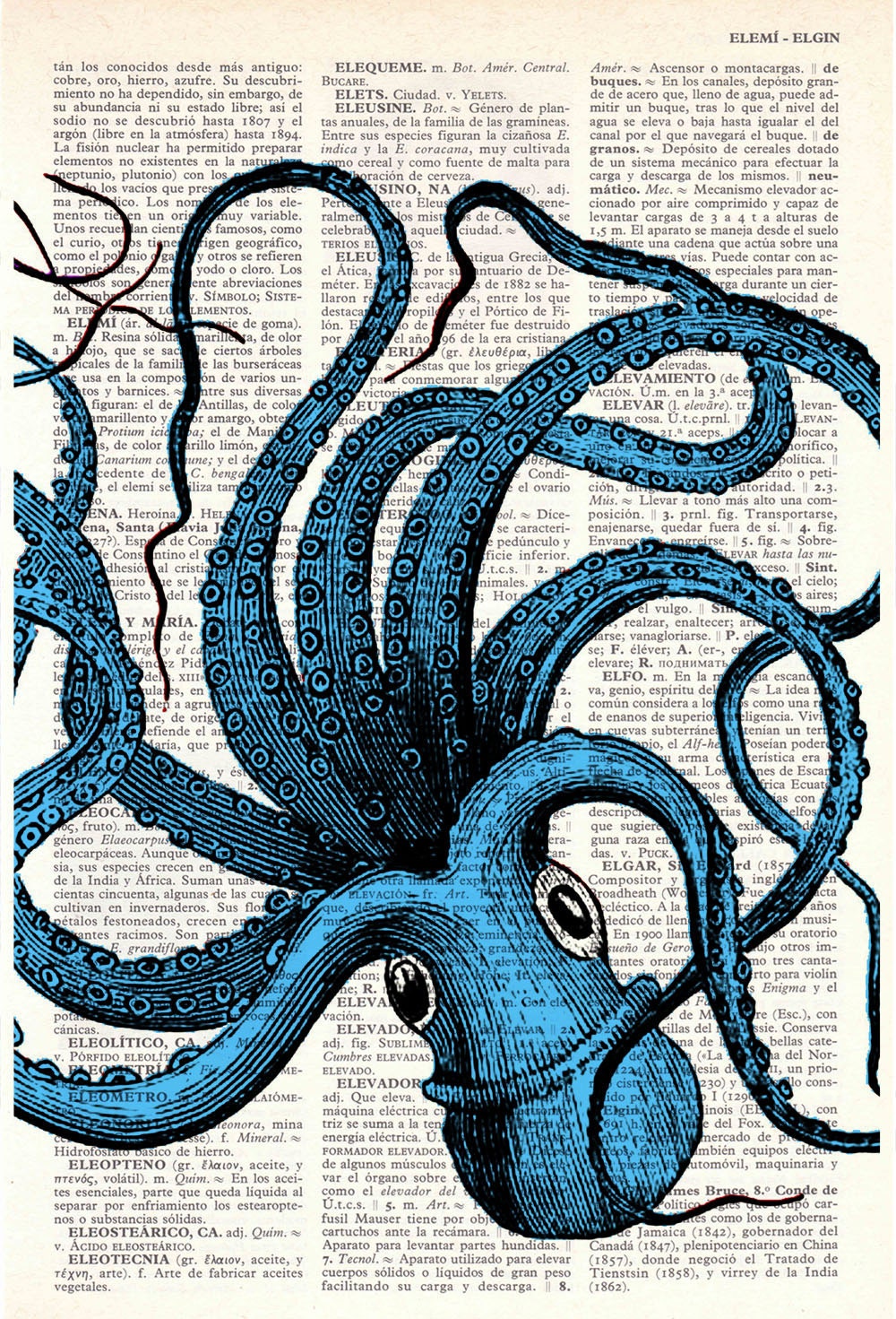 Turquoise Octopus Print on Vintage Dictionary Book