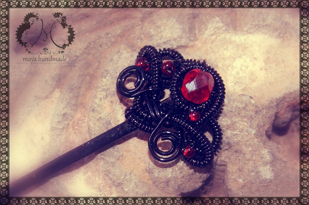 SALE Black Gothic Hairpin With Red Glass Beads Old Price USD 25
