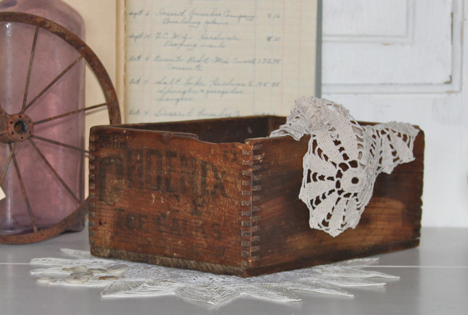 Vintage PHOENIX Toe Calks Wood Box...Rustic / Primitive Wood Advertising Box...