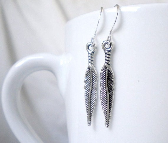 ON SALE-Feather Earrings Silver Charm Small