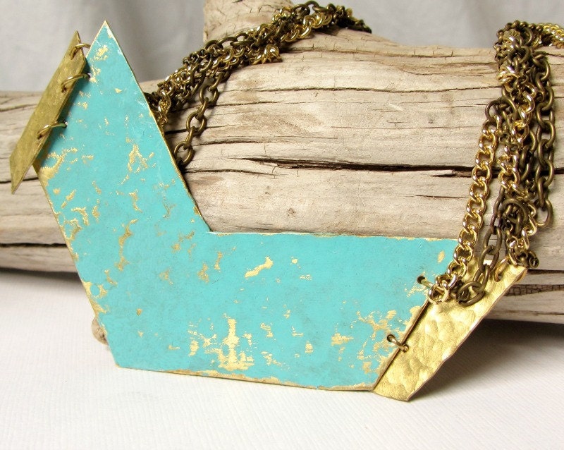 Chevron Necklace Fringe Patina Vertigris Gold Brass Necklace