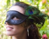 Masquerade Venetian style black mask with peacock feathers