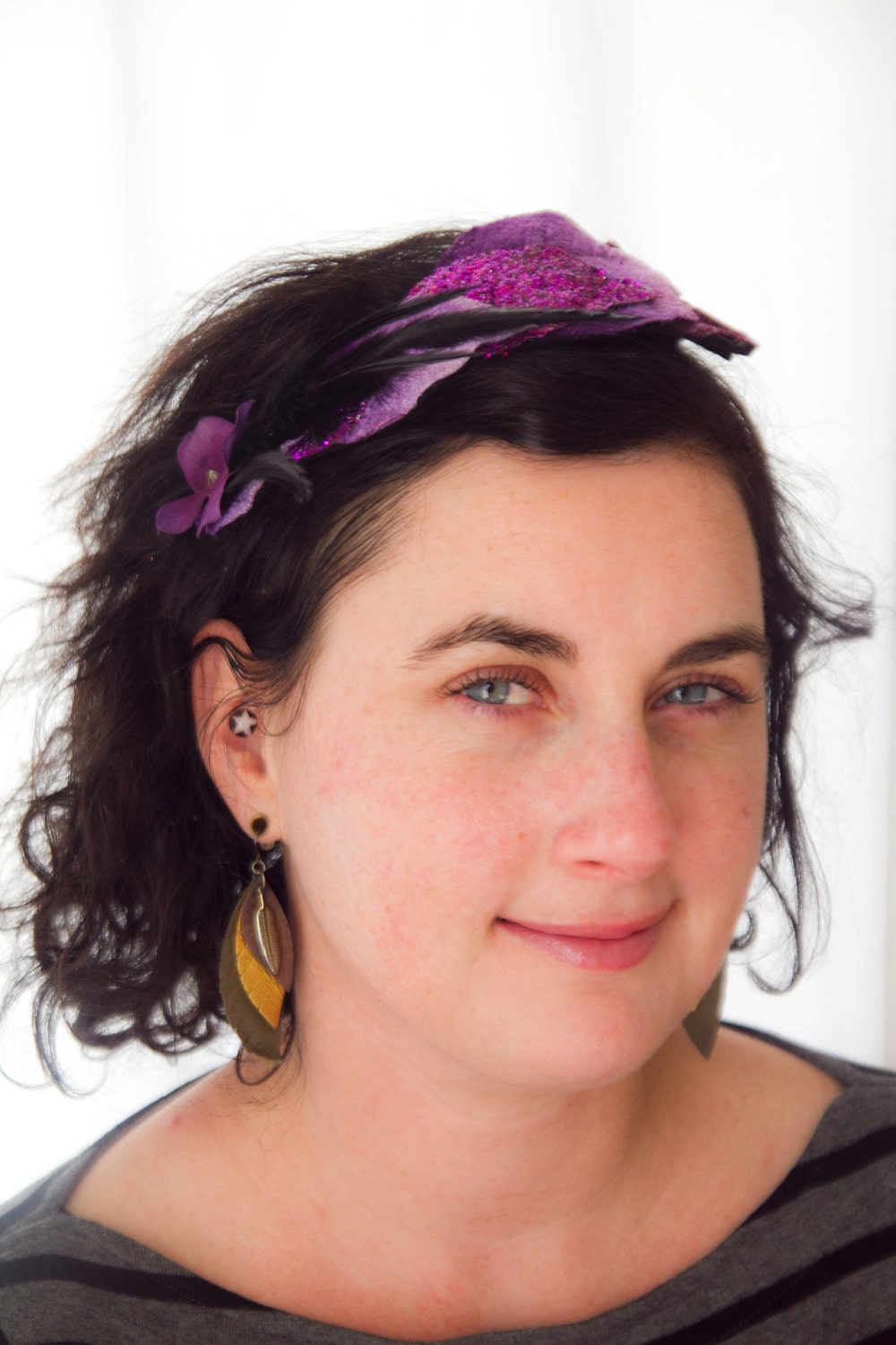 Kellie--Lavender and purple leaf glittery Faux Headband fascinator with goose feathers