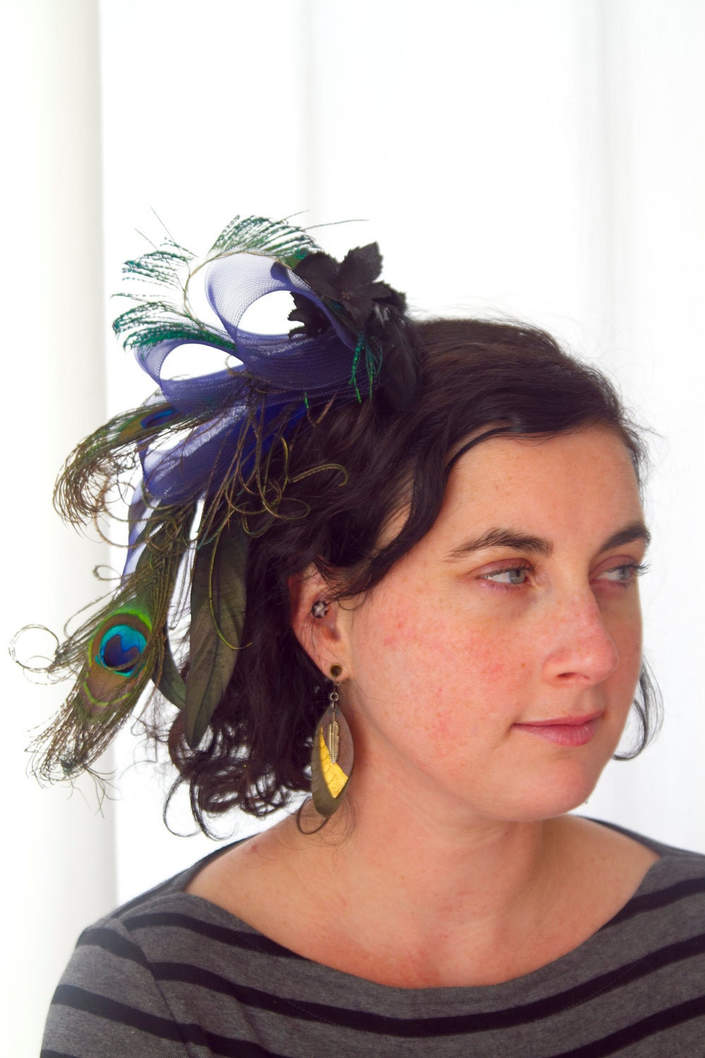 Rachel's Mohawk -- A dramatic vintage style fascinator with navy crinoline loops and peacock feathers