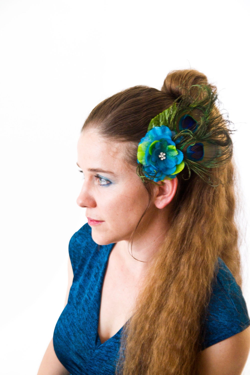 Clara--Vintage style peacock fascinator with fantasy blue and green silk flower