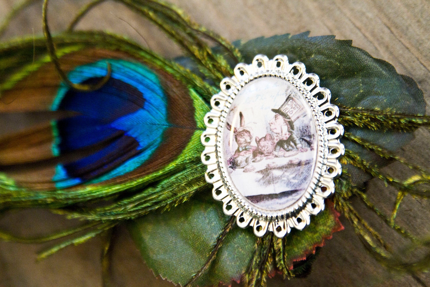 Alice in Wonderland--Vintage style peacock fascinator with image of Mad Hatter and March Hare