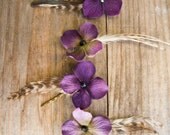 Olliee--PurpleHydrangea silk flower bobby pins with goose feathers and black rhinestone centers