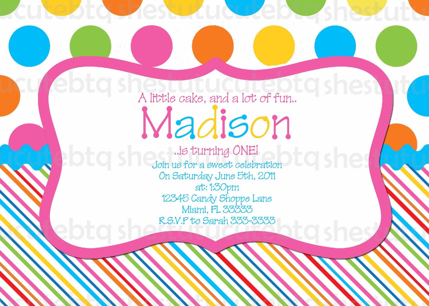 Stripes & Polka Dots Birthday Invitation Digital File YOU-PRINT Il_570xn