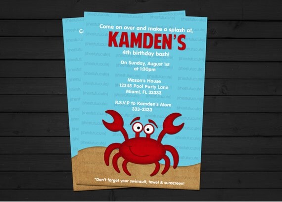 Crab Birthday Invitation Digital File YOU-PRINT Il_570xn