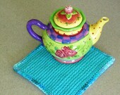 Tunisian Crochet Cotton Potholder or Hotpad in Blue Shades