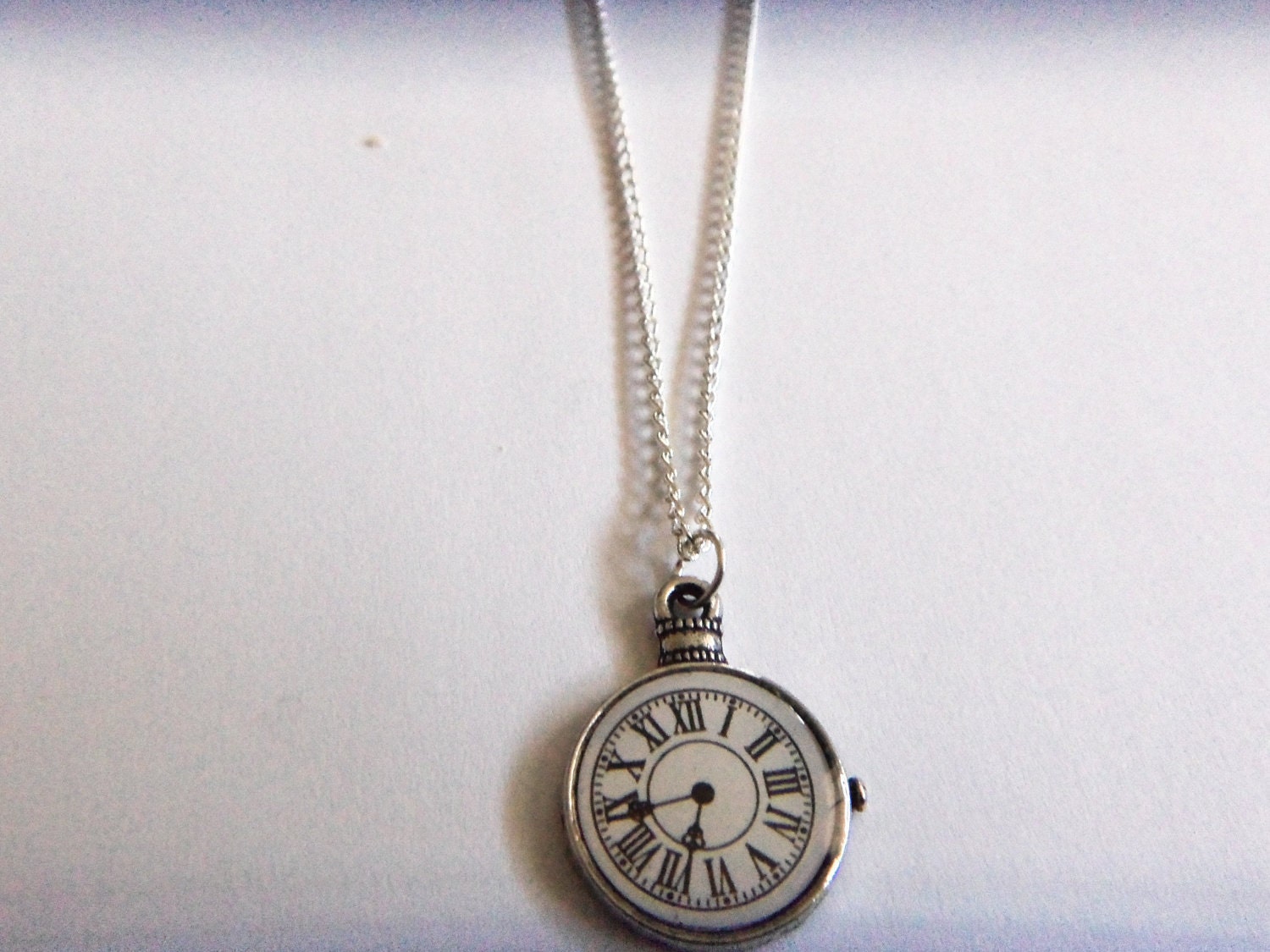 Silver Pocket Watch Clock Charm Necklace Old Fashioned