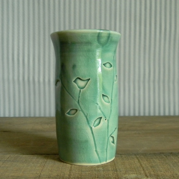 Jade Green Bird in a Tree Stoneware Vase