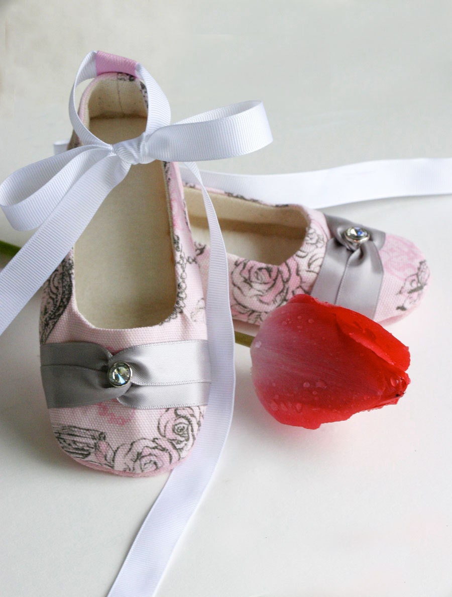 Toddler Shoes - Couture Girls Ballet Slippers - Pink and Silver Rose Print with Jewels - Baby Infant sizes too - Baby Souls Baby Shoes